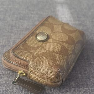 Coach Brown Signature Canvas Zip Card Case with Gold Accent